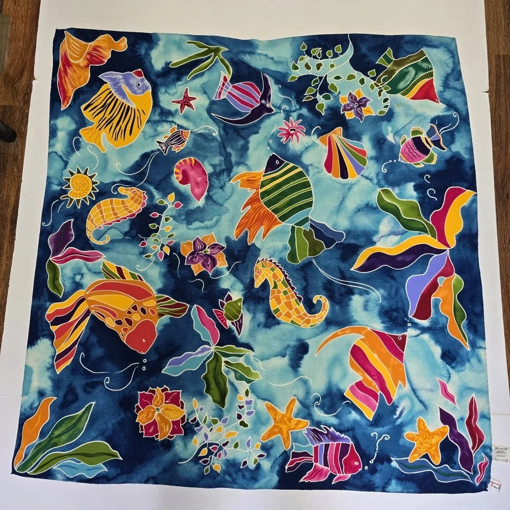 Talbots 100% Silk Scarf Tropical Fish Watercolor Square Hand Rolled Italy *Spots